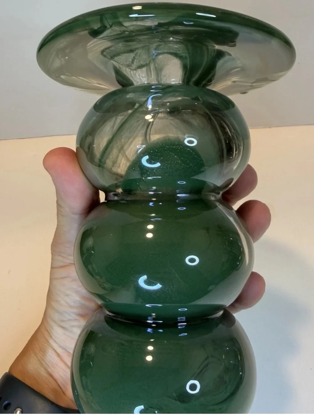 Anthropologie Swirl Glass Candleholder Vase Bolla Green Borosilicate 6” Bubbled